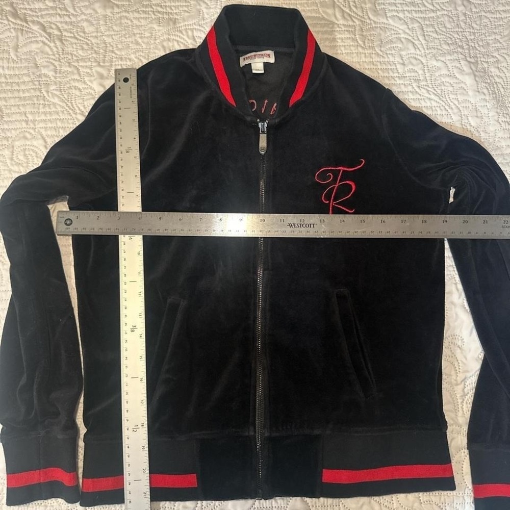 True Religon Velour Velvet Bomber Jacket Black & red zip-up jacket SMALL - Picture 4 of 8